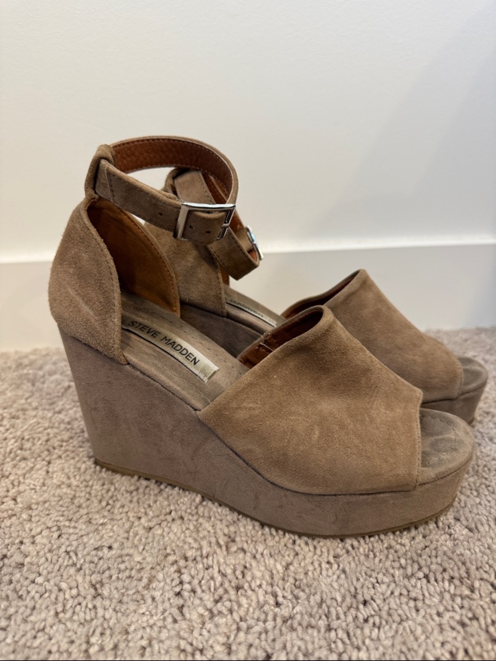 Steve Madden Taupe Suede Platform Wedges with Ankle Buckle